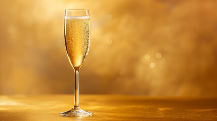 A single, elegant champagne flute, bubbles gently rising to the top, set against a smooth, celebratory gold background.