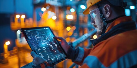 Close-up of a rugged tablet used for condition monitoring on site, detailed view of data display, early morning