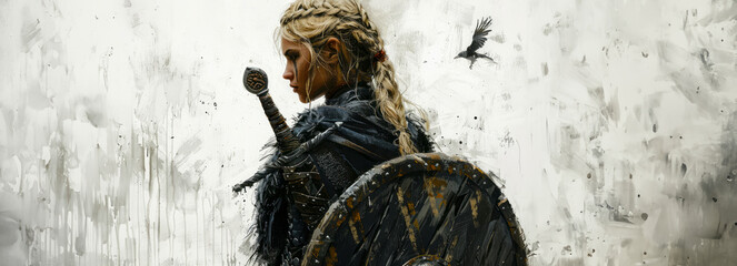 Blonde Viking Warrior Goddess: A Stunning Figure with Sword, Shield, and Intricate Braids