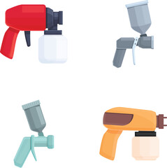 Paint gun icons set cartoon vector. Pistol pulverizer with nozzle. Industrial and artistic painting