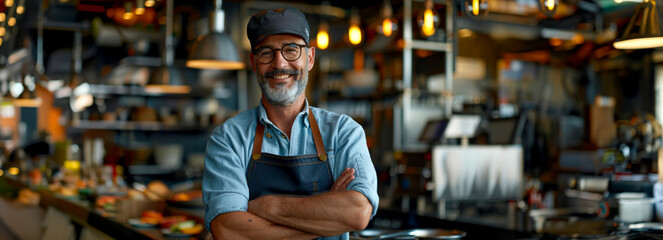 Joyful Chef: Smiling Middle-Aged Caucasian Cook with Crossed Arms in Restaurant Kitchen