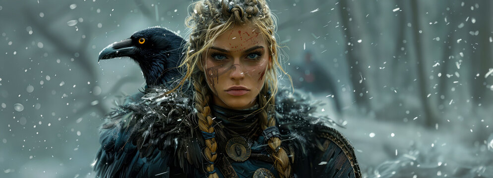 Captivating Viking Shieldmaiden with Braided Blonde Hair and Black Crow: A Stunning Image of Strength and Beauty