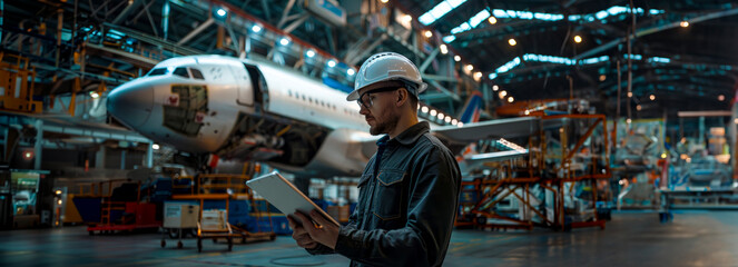 Innovative Digital Engineer Overseeing Aircraft Assembly with Tablet in Hand
