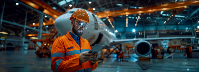 Innovative Engineer Capturing Aircraft Construction Progress with Digital Tablet