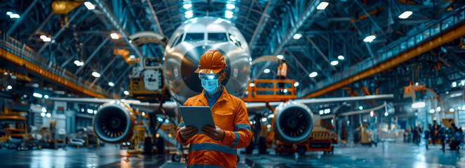 Innovative Engineer Managing Aircraft Assembly in Hangar Using Tablet