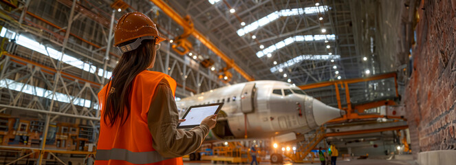 Innovative Engineer Supervising Aircraft Construction in Hangar Using Tablet