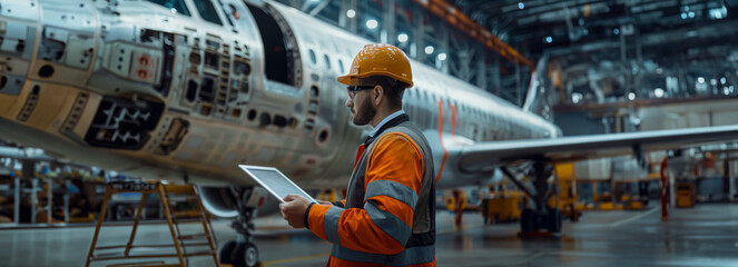 Innovative Engineer Leading Aircraft Manufacturing with Tablet in Hand: Transforming Hangar Construction with Technology