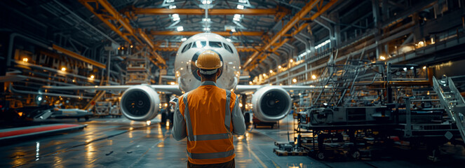 Aircraft Engineer Overseeing Hangar Construction with Digital Tablet: A Creative Title for Stock Image Collection