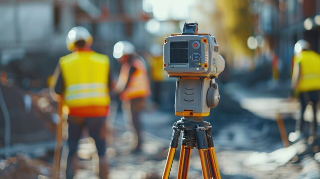 Close-up of laser scanning device mapping a construction site, detailed focus on the scanner with workers in soft focus