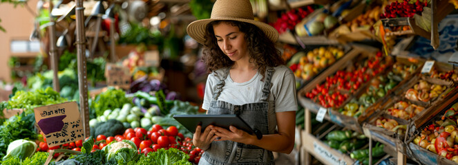 Obraz premium Tech-savvy woman farmer browsing vegetable options at market with tablet