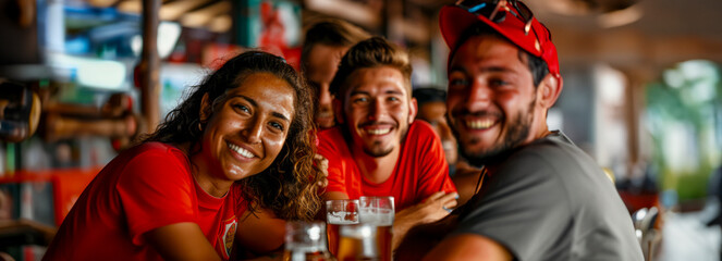 Four exuberant football fans in red jerseys enjoying game at bar with drinks, radiating happiness