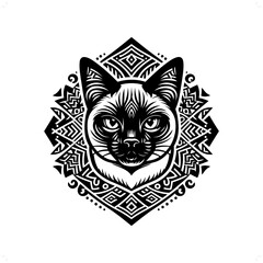 Siamese cat silhouette in animal ethnic, polynesia tribal illustration