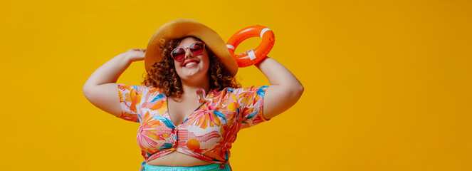 Cheerful Curvy Woman Enjoying Summer: Playful Plus Size Lady Dancing in Casual Outfit with Beach Accessories on Bright Background Festive Vacation Vibes