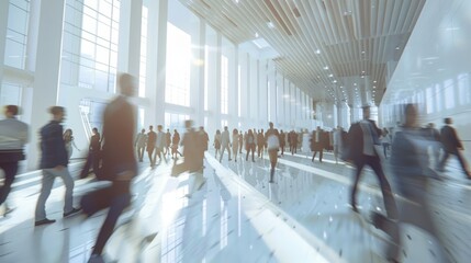 long exposure shot of a crowd of business people walking in a bright office lobby, fast-moving with blurriness. Generative AI hyper realistic and natural colors 