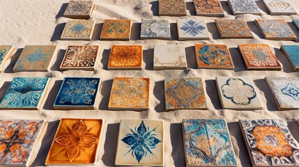 An array of hand-painted ceramic tiles, each with a unique, vibrant pattern, laid out in a precise grid against a smooth, light sand background.
