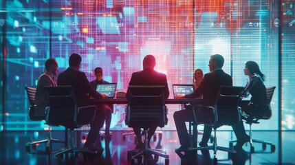 Mixed group of diverse company business people meeting and discussion around a table. Business team analyzing financial data inside modern meeting room. Generative AI hyper realistic 