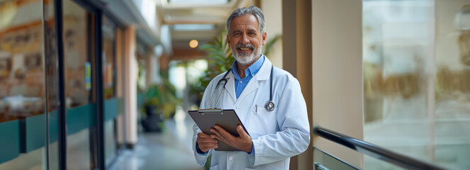 Experienced Medical Professional with a Friendly Smile - Middle-Aged Doctor in White Coat Holding Clipboard
