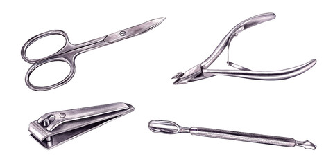 Manicure accessories. Isometric view. Metal scissors, nail clipper, pusher and nipper. Steel tools steel for nail treatment. Watercolor illustration. Elements for beauty salon design