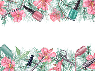 Horizontal frame with manicure tools and winter plants. Nail polish, steel scissors, nail clipper, pusher and nipper. Copy space for text. Pink flowers and green spruce branch. Watercolor illustration
