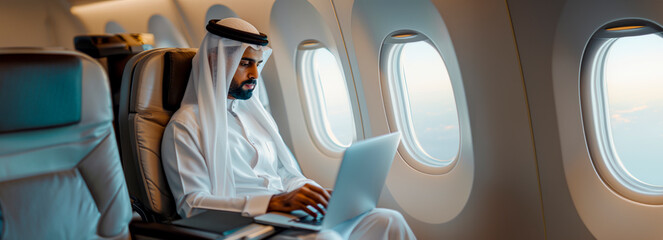 Islamic executive multitasking on laptop during flight for business travel