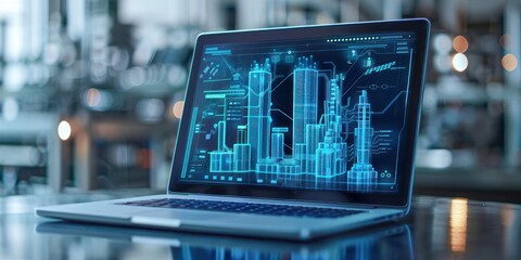 Detailed close-up of a laptop used for lifecycle management of a building, showing 3D models and performance metrics