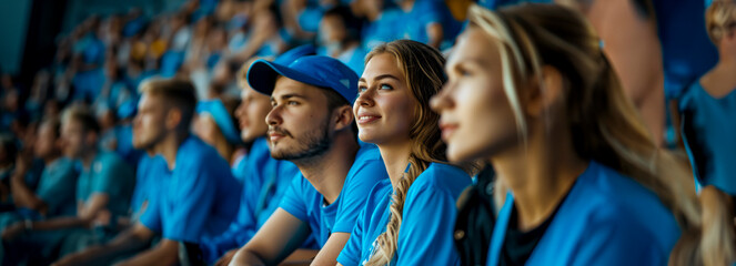 Passionate Blue-clad Fans Rallying for Their Team in the Fan Zone at a Live Match - obrazy, fototapety, plakaty