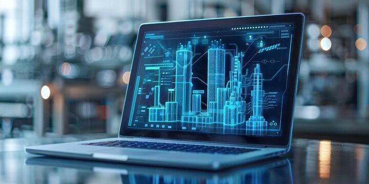 Detailed close-up of a laptop used for lifecycle management of a building, showing 3D models and performance metrics