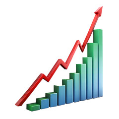 Ascending 3D Bar Graph With Red Arrow Indicating Growth Trend on transparent background.