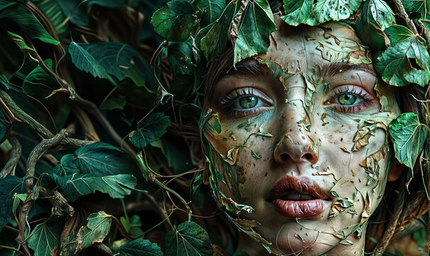Woman with green eyes and vines growing on her face representing a version of Earth's spirit, Mother Earth, Gaia, Bhumi, Pachamama