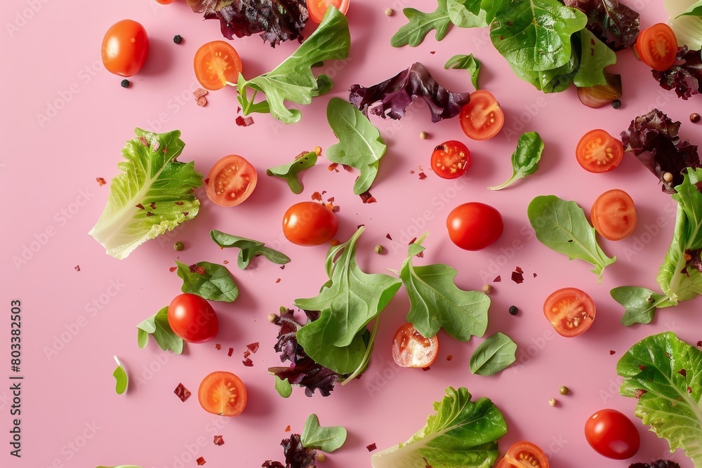 Wall mural Fresh Lettuce and Tomatoes on Pink Surface