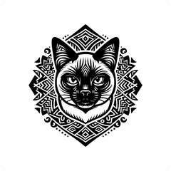 Siamese cat silhouette in animal ethnic, polynesia tribal illustration