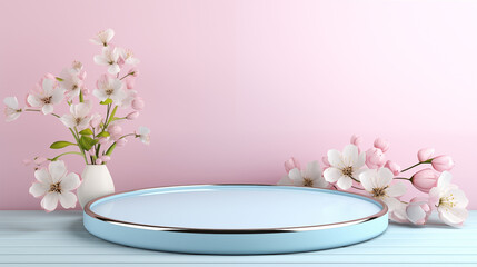 Soft pink floral arrangement with cherry blossoms on a pastel blue podium against a pink backdrop.