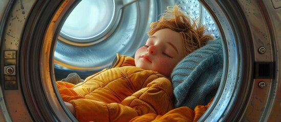 In a Dreaming Whimsy A Toddler Peacefully Slumbering Inside a Washing Machine