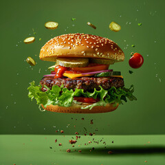 vegan burger with meat substitute on green background