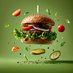 vegan burger with meat substitute on green background