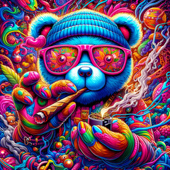 Digital art vibrant colorful psychedelic hiphop teddy bear smoking a blunt