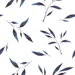 Seamless background with dark blue delicate watercolor twigs with leaves on white, hand-drawn. Endless pattern template for fabric, wallpaper, wrapping paper, decoration. Botanical illustration.