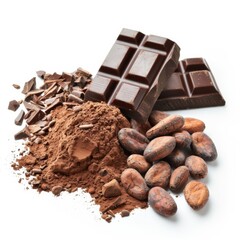 Cocoa Beans and Powder on White Background Healthy and Aromatic Superfood Ingredient for beverage cafe