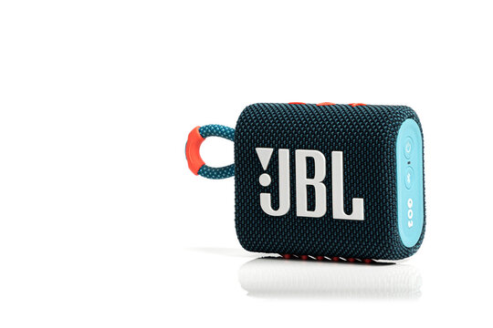 Lyon, France - February 6, 2024: JBL Go 3 Bluetooth speaker isolated on a white background with logo visible; portable Bluetooth speaker; musical column JBL with buttons.