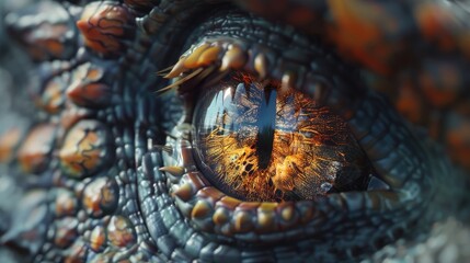 Dragon eye. 3d render of close up lizard eye. Fantasy monster looking. Macro photography of...