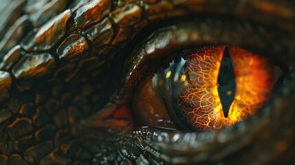 Dragon eye. 3d render of close up lizard eye. Fantasy monster looking. Macro photography of creature. Realistic colorful eye of evil dinosaur beast. Macro of angry magical animal. Predator vision.