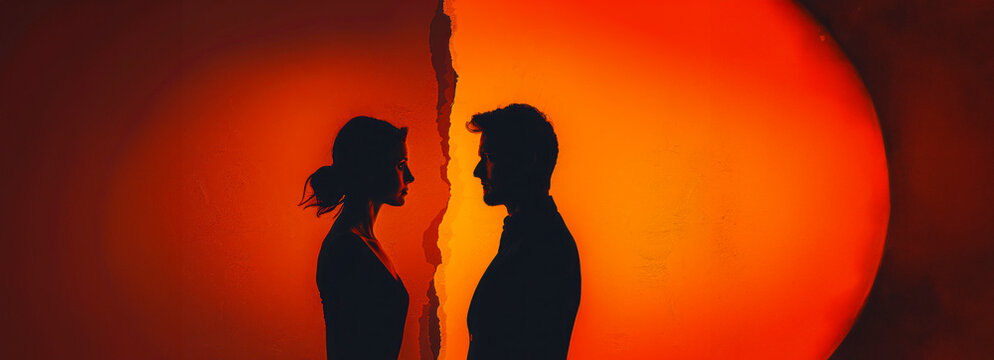 Troubled Love: Silhouettes of a couple in marital turmoil, facing opposite ways, teetering on the edge of divorce or separation