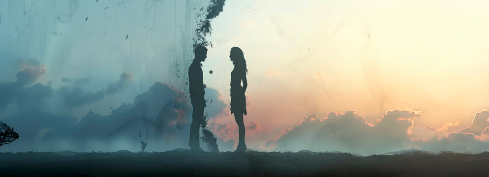 Broken Vows: Silhouetted Couple in Marriage Turmoil, Facing Away in Divided Love