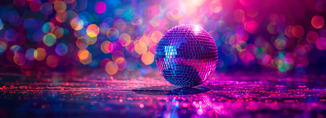 Shimmering Disco Ball Illuminated by Colorful Lights: Ideal Background for Party Nights with Space...