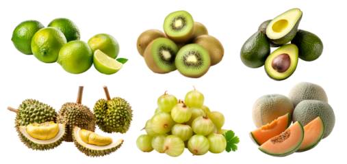 Collection of green fruits in pile group, cantaloupe, melon, durian, gooseberry, kiwi, avocado, lime on transparent background cutout, PNG file. Mockup template for artwork design