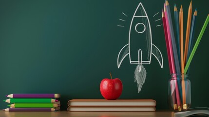 A chalk-drawn rocket surrounded by colored pencils and books, accompanied by an apple, evoking the back-to-school theme
