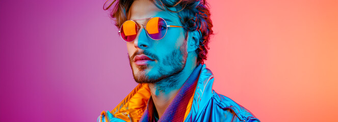 Trendy European Gen-Z Male in Vibrant Neon Vaporwave Outfit with Room for Text - Creative and Stylish Image for Content Creators