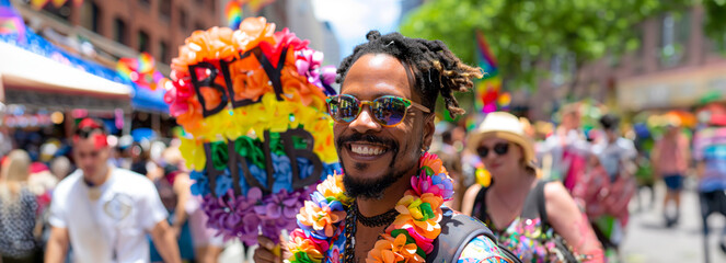 Colorful LGBTQ+ man joyfully marches at Pride Parade with vibrant rainbow sign celebrating love and diversity!