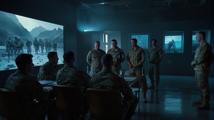 A group of soldiers are gathered in a dark room looking at a screen that shows a mountainous landscape.