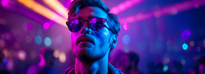 Cool Club Portrait: Happy Guy Stylishly Posing in Shades Amid Purple and Pink Laser Beams